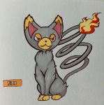  2018 :3 alternate_color ambiguous_gender black_nose curled_tail digitigrade dipstick_ears ear_tuft english_text fak&eacute;mon feline feral fire firefightdex flaming_tail fluffy front_view full-length_portrait fur glameow grey_fur grey_tail half-closed_eyes hatching_(technique) hi_res long_tail looking_away mammal marker_(artwork) markings mfanjul mixed_media multicolored_fur muzzle_(marking) nintendo pen_(artwork) pok&eacute;mon pok&eacute;mon_(species) portrait quadruped red_eyes shadow simple_background sitting smile smirk smug socks_(marking) solo text toony traditional_media_(artwork) tuft two_tone_fur video_games white_background yellow_fur 
