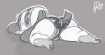  2018 animate_inanimate anthro beady_eyes big_butt blush butt camel_toe canine clothing digital_media_(artwork) dimwitdog dog eyelashes female floppy_ears greyscale looking_back lying mammal monochrome nintendo nintendo_switch on_front open_mouth panties pawpads pose rear_view seductive short_stack simple_background smile solo switch_dog thick_thighs underwear video_games 
