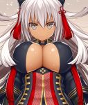  &gt;:( asamura_hiori black_coat breasts brown_background brown_eyes cleavage closed_mouth commentary_request dark_skin fate/grand_order fate_(series) frown hair_ornament highres large_breasts long_hair long_sleeves looking_at_viewer okita_souji_(alter)_(fate) okita_souji_(fate)_(all) sayagata silver_hair solo striped upper_body vertical_stripes 