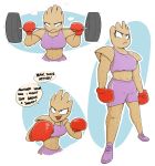  2018 abs athletic boxing_gloves bra breasts brown_skin clothed clothing crouching determined dialogue digital_media_(artwork) english_text exercise eyelashes female frown half_portrait hi_res hitmonchan humanoid midriff muscular muscular_female navel nintendo noseless not_furry open_mouth pok&eacute;mon pok&eacute;mon_(species) pok&eacute;morph portrait pose purple_clothing shorts shoutingisfun simple_background solo sports_bra standing sweat text underwear video_games weightlifting weights white_background workout 