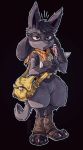  book brown_eyes claws commentary english_commentary etherealhaze full_body gen_4_pokemon highres legs_together lucario neckerchief no_humans pokemon sandals simple_background solo spikes standing 