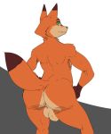  2018 a-side anthro balls big_butt brown_fur bubble_butt butt canine disney fox fur green_eyes hand_on_hip looking_at_viewer male mammal nick_wilde nude orange_fur rear_view simple_background smile solo zootopia 