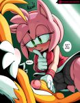  2018 amy_rose anthro argento balls black_nose blush canine clothed clothing dialogue digital_media_(artwork) duo english_text eyelashes female finger_to_mouth fox gloves green_eyes hair hairband half-closed_eyes handjob hedgehog hi_res humanoid_penis male male/female mammal miles_prower patreon penis pink_hair sex short_hair signature sonic_(series) text url 