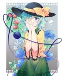  blue_eyes blue_flower blue_hair blue_nails blue_rose chinese_lantern_(plant) covering_mouth covering_one_eye cowboy_shot eyebrows_visible_through_hair floral_print flower frilled_sleeves frills gradient gradient_background green_skirt grey_background hair_between_eyes hands_on_own_face hands_together hat hat_ribbon heart heart_of_string highres komeiji_koishi leaf long_sleeves looking_at_viewer lotus maruta_(shummylass) medium_hair nail_polish ribbon rose rose_print shirt simple_background skirt solo third_eye touhou water_lily_flower yellow_shirt 