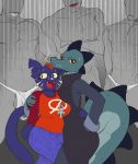  anthro bea_(nitw) breasts butt cat cigarette clothing crocodile crocodilian duo feline female group imminent_sex latchk3y mae_(nitw) male male/female mammal night_in_the_woods notched_ear red_eyes reptile scalie shirt simple_background smoking sweat sweatdrop teeth whiskers 