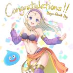  :d bare_shoulders blonde_hair blue_eyes breasts circlet confetti congratulations cowboy_shot dancer detached_sleeves dragon_quest dragon_quest_xi earrings fujimura_hinami hairband highres jewelry long_sleeves looking_at_viewer midriff navel necklace open_mouth puffy_detached_sleeves puffy_long_sleeves puffy_sleeves purple_hairband purple_legwear purple_sleeves senya_(dq11) slime_(dragon_quest) small_breasts smile teeth thighhighs tongue 