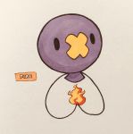  2018 ambiguous_gender animate_inanimate balloon bandage black_eyes drifloon english_text fire firefightdex floating front_view full-length_portrait hatching_(technique) hi_res marker_(artwork) mfanjul mixed_media nintendo not_furry nude pen_(artwork) pok&eacute;mon pok&eacute;mon_(species) portrait purple_body shadow simple_background solo suspended_in_midair text toony traditional_media_(artwork) vertical_bar_eyes video_games white_background 