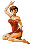  90s arm_up barefoot breasts brown_eyes brown_hair cleavage collarbone full_body hand_on_hip highres large_breasts non-web_source official_art short_hair simple_background sitting smile solo spaghetti_strap strap_slip super_real_mahjong tanaka_ryou toyohara_etsuko white_background yokozuwari 