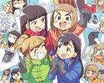  4girls :d ^_^ animal arm_up bangs bird black_gloves black_hair blue_coat blunt_bangs braid brown_eyes brown_hair clenched_hand closed_eyes coat commentary_request gloves green_coat grin kobuchizawa_shirase laughing long_hair long_sleeves looking_at_another looking_at_viewer microphone miyake_hinata multiple_girls open_mouth orange_coat penguin photo_(object) red_coat shiraishi_yuzuki short_hair smile snow sora_yori_mo_tooi_basho sparkle star straight_hair tamaki_mari tears teeth tsubobot v-shaped_eyebrows winter_clothes yawning 