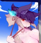  anthro bite breast_squish breasts brown_hair bust_portrait canine cecily_lin cloud female fox hair hair_accessory kemono looking_at_viewer mammal ponytail portrait red_eyes sky smile solo sweat 