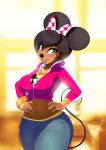  2017 abstract_background anthro big_breasts black_hair black_nose bow_ribbon bracelet breasts clothed clothing disney eyelashes female fully_clothed hair invalid_tag jacket jeans jewelry looking_at_viewer mammal mickey_mouse midriff minnie_mouse mouse navel open_mouth pants rodent shirt short_hair signature smile solo standing teeth tovio_rogers 