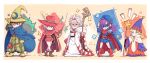  3girls alternate_costume belt beret black_mage blonde_hair blue_mage boots brown_hair butz_klauser cape chibi cloak commentary_request facial_hair faris_scherwiz final_fantasy final_fantasy_v galuf_halm_baldesion grey_hair hair_over_one_eye hat hat_feather highres hood krile_mayer_baldesion lenna_charlotte_tycoon looking_at_viewer mask multiple_boys multiple_girls mustache pants pink_hair pose purple_hair rapier red_mage rod sage_(final_fantasy) scabbard serious sheath short_hair shouta_(shbz) smile staff striped striped_pants sword weapon white_mage wizard_hat 