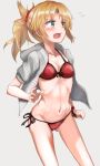  ass_visible_through_thighs bikini blonde_hair breasts fate/apocrypha fate/grand_order fate_(series) feet_out_of_frame flying_sweatdrops green_eyes grey_background highres hood hooded_jacket hoodie jacket kabayaki_namazu mordred_(fate)_(all) mordred_(swimsuit_rider)_(fate) navel open_clothes open_jacket ponytail red_bikini ribs side-tie_bikini simple_background skinny small_breasts solo swimsuit white_jacket 