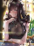  ahoge alcohol alternate_costume armlet bad_id bad_pixiv_id bangs black_dress blunt_bangs blurry blush breasts brown_hair casual champagne_flute choker cleavage closed_mouth commentary_request cup depth_of_field dress drinking_glass dsr-50_(girls_frontline) earrings elbow_rest eyebrows_visible_through_hair girls_frontline hand_up highres indoors jewelry keyring large_breasts light_particles long_hair looking_at_viewer no_bra revision sidelocks sitting smile solo sparkle upper_body very_long_hair yellow_eyes yusan 