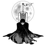  akairiot berserk black_hair cape covering_mouth dragonslayer_(sword) full_moon greyscale guts highres huge_weapon looking_at_viewer male_focus monochrome moon solo sword weapon white_background 