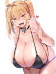  :d ahoge areola_slip areolae bent_over bikini black_bikini blonde_hair blush breasts cellphone choker cleavage collarbone fang gigantic_breasts hair_between_eyes half-closed_eyes halterneck heart highres kirome_(kamipaper) looking_at_viewer open_mouth original phone red_eyes saaya_(kirome) self_shot shiny shiny_skin simple_background smartphone smile solo sweat swimsuit twintails white_background 
