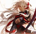  arm_guards ask_(askzy) bangs breasts cleavage closed_mouth commentary dark_skin fate/grand_order fate_(series) floating_hair hair_ornament high_collar long_hair long_sleeves looking_at_viewer medium_breasts okita_souji_(alter)_(fate) okita_souji_(fate)_(all) parted_bangs simple_background solo tassel upper_body very_long_hair weapon white_background white_hair wide_sleeves 