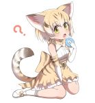  :o animal_ears back_bow bare_shoulders blonde_hair blush bow bowtie cat_ears cat_tail commentary eating elbow_gloves eyebrows_visible_through_hair food frilled_skirt frills gloves highres japari_bun kemono_friends multicolored_hair ransusan sand_cat_(kemono_friends) short_hair sitting skirt socks solo tail vest wariza 