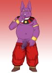  2018 5_fingers balls barazoku cat champa deity dragon_ball dragon_ball_series dragon_ball_super drinking exposing feline front_view glans gradient gradient_background humanoid_penis jewelry male mammal navel nipples overweight penis red_background seyrmo simple_background solo standing vein veiny_penis yellow_eyes 