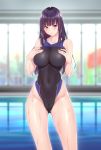  absurdres blue_eyes blush breast_hold breasts cameltoe enty_reward hands_on_own_chest highleg highleg_swimsuit highres indoors long_hair one-piece_swimsuit original paid_reward parted_lips pool purple_hair solo standing swimsuit wet wet_clothes wet_swimsuit zucchini 