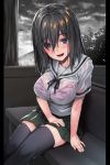  black_hair bra breasts eyebrows_visible_through_hair h_kasei large_breasts long_hair looking_at_viewer open_mouth original outdoors overcast pleated_skirt purple_eyes rain school_uniform see-through sitting skirt solo thighhighs underwear wet wet_clothes wet_hair 