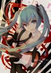  2017 aqua_eyes aqua_hair bare_shoulders black_gloves black_legwear black_neckwear breasts character_name cleavage collarbone copyright_name dated elbow_gloves electric_guitar eyebrows_visible_through_hair gloves guitar hatsune_miku instrument kamikakushi_no_ocarino leaning_forward looking_at_viewer medium_breasts musical_note necktie smile solo thighhighs twintails vocaloid white_background 