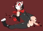  ass black_gloves black_hair bodysuit covered_eyes doppel_(pixiv) elbow_gloves erection fingerless_gloves fox_mask gloves heart male_focus mask ninja original paw_print paw_shoes penis red_background red_scarf scarf shoes simple_background skin_tight sleeveless smile solo split testicles torn_clothes 