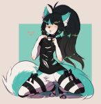  &lt;3 2018 bell black_hair blush bow canine clothing collar crouching female fredek666 fur hair inner_ear_fluff legwear long_hair looking_at_viewer mammal multicolored_fur ponytail simple_background slim solo stockings striped_legwear striped_stockings stripes thigh_highs tongue tongue_out torn_clothing two_tone_fur 