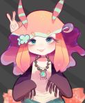  2018 anthro blue_eyes clothing female flow_(splatoon) fredek666 gastropod grey_background jewelry looking_at_viewer marine necklace nintendo nudibranch open_mouth pattern_background sea_slug simple_background slug smile solo splatoon striped_background sweater tentacle_hair tentacles video_games 