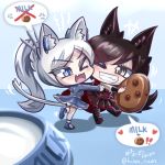  2girls boots cat_ears chibi cookie dress fang lolita_fashion milk multiple_girls ruby_rose rwby silver_eyes tail weiss_schnee white_hair 