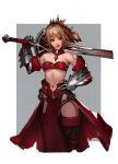  absurdres blonde_hair breasts clarent commentary detached_collar english_commentary fate/apocrypha fate_(series) gauntlets green_eyes hair_ornament hair_scrunchie hand_on_hip highres midriff mordred_(fate) mordred_(fate)_(all) navel over_shoulder red_lips red_scrunchie rix2118 scrunchie short_hair short_ponytail small_breasts solo spiked_hair sword sword_over_shoulder weapon weapon_over_shoulder 