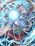 blue_eyes breasts cleavage copyright_name electricity force_of_will hair_ornament horns jewelry long_hair mermaid midriff monster_girl nanahara_shie navel necklace official_art open_mouth shaela_(force_of_will) solo teeth underwater white_hair 