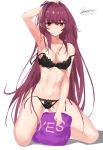  arm_up bangs black_bra black_panties bra breasts cleavage collarbone eyebrows_visible_through_hair fate/grand_order fate_(series) kesoshirou lace lace-trimmed_bra lace-trimmed_panties large_breasts lingerie long_hair looking_at_viewer navel panties parted_lips purple_hair red_eyes scathach_(fate)_(all) scathach_(fate/grand_order) signature sketch solo strap_slip underwear underwear_only yes yes-no_pillow 