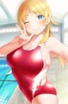  ;) arm_up ass blonde_hair blue_eyes blush breasts cleavage commentary_request competition_swimsuit covered_navel cowboy_shot eyebrows_visible_through_hair hachimiya_meguru hair_ornament hairclip hand_up highres idolmaster idolmaster_shiny_colors indoors large_breasts long_hair looking_at_viewer low_twintails nekoshoko one-piece_swimsuit one_eye_closed pool poolside reaching_out red_swimsuit self_shot skindentation smile solo swimsuit twintails w 