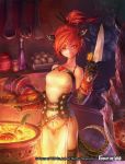  bare_shoulders carrot copyright_name dragon_tail food force_of_will gloves hair_ornament hair_stick hairclip knife leaf meat official_art ponytail red_eyes red_hair solo sylvia_gill_palarilias_(force_of_will) tail thighhighs 