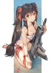  assault_rifle bangs bare_shoulders barefoot beach bikini black_hair blush breasts brown_eyes bullpup cleavage closed_mouth collarbone crop_top dsknight eyebrows_visible_through_hair girls_frontline gun hair_between_eyes hair_ribbon hand_on_own_thigh highres holding holding_gun holding_weapon long_hair looking_at_viewer nail_polish navel ocean outside_border pink_nails qbz-97 qbz-97_(girls_frontline) ribbon rifle sand sitting smile solo sparkle starfish stomach striped striped_ribbon swimsuit thighs twintails very_long_hair wariza weapon white_bikini wrist_ribbon 