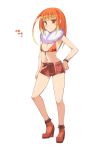  ankle_boots blush boots brown_footwear closed_mouth color_guide contrapposto full_body fur_collar gradient_hair great_wroggi hand_on_hip high_heel_boots high_heels looking_at_viewer monster_hunter multicolored_hair oota_yuuichi orange_eyes orange_hair personification short_shorts shorts simple_background solo standing white_background wristband 
