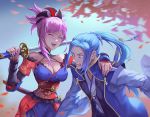  1girl :d assassin_(fate/stay_night) blue_eyes blue_hair blush breasts cleavage commentary_request detached_sleeves fate/grand_order fate_(series) hand_on_another's_shoulder holding holding_sword holding_weapon japanese_clothes ji_wuming katana large_breasts laughing long_hair miyamoto_musashi_(fate/grand_order) open_mouth over_shoulder petals pink_hair pixiv_fate/grand_order_contest_2 ponytail scabbard sheath short_hair smile surprised sword sword_over_shoulder weapon weapon_over_shoulder 