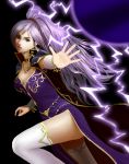  breasts cleavage commentary_request dress earrings electricity fire_emblem fire_emblem:_seisen_no_keifu highres ishtar_(fire_emblem) jewelry long_hair magic outstretched_arm ponytail purple_dress purple_eyes purple_hair side_slit solo th6313 thighhighs white_legwear 