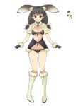  :d animal_ears bikini black_bikini black_gloves blush boots breasts brown_hair bunny_ears capelet color_guide full_body fur_trim gloves hairband high_heel_boots high_heels lagombi looking_at_viewer low_twintails medium_breasts monster_hunter oota_yuuichi open_mouth personification red_eyes round_teeth simple_background smile solo standing swimsuit teeth twintails white_background white_footwear 