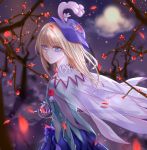  blonde_hair blue_eyes cape chevalier_d'eon_(fate/grand_order) commentary_request fate/grand_order fate_(series) flower lily_(flower) looking_at_viewer moon night night_sky sky smile solo sword viryin weapon white_cape white_flower 