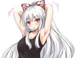  amagi_(amagi626) armpits arms_up bare_arms black_tank_top blush bow breasts cleavage collarbone commentary_request eyebrows_visible_through_hair fujiwara_no_mokou hair_bow head_tilt large_breasts long_hair long_ponytail looking_at_viewer motion_lines mouth_hold ponytail red_eyes sideboob silver_hair simple_background solo tank_top touhou tying_hair upper_body white_background white_bow 