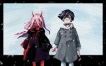  1boy 1girl black_cloak black_hair blue_eyes cloak coat couple darling_in_the_franxx findoworld fur_trim green_eyes grey_coat hetero hiro_(darling_in_the_franxx) holding hooded_cloak horns long_hair looking_at_viewer oni_horns parka pink_hair red_horns red_pupils red_sclera red_skin short_hair signature tears winter_clothes winter_coat younger zero_two_(darling_in_the_franxx) 