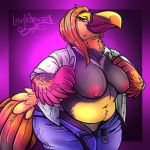  anthro avian beak belly big_breasts bird breasts clothed clothing clothing_lift feathers female flashing looking_at_viewer lotusaur nipples non-mammal_breasts open_shirt shirt slightly_chubby smile toucan 