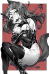  absurdres animal_ears bdsm black_legwear blush bondage border bound bound_arms breasts collar covering covering_breasts cuffs elbow_gloves fox_ears fox_tail gag gagged gloves hair_ornament hairclip half_updo heavy_breathing high_heels highleg highleg_leotard highres kemonomimi_mode knees_together_feet_apart large_breasts leotard long_hair looking_at_viewer love_live! love_live!_sunshine!! lying monochrome on_side pussy_juice red_background sakurauchi_riko shadow shiny shiny_clothes shiny_skin solo tail tears tem10 thighhighs vibrator white_border 