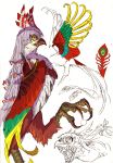  asparrowthanasnail-oji beak bird bow claws commentary_request feathered_wings feathers fujiwara_no_mokou green_feathers hair_bow hair_ribbon long_hair no_humans phoenix red_feathers ribbon sharp_teeth simple_background sketch solo teeth touhou white_background white_hair wings yellow_eyes yellow_feathers 