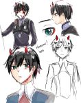  1boy _eyes bangs black_bodysuit black_hair blood blood_from_mouth blood_on_face bodysuit darling_in_the_franxx expressions eyebrows_visible_through_hair green_eyes hiro_(darling_in_the_franxx) horns klaxomaru looking_at_viewer male_focus military military_uniform necktie oni_horns pilot_suit red_horns red_neckwear short_hair solo uniform 