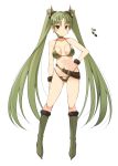  ass_visible_through_thighs belt bikini blush boots breasts brown_eyes closed_mouth color_guide contrapposto earrings full_body fur_trim green_bikini green_footwear green_hair hand_on_hip horns jewelry knee_boots long_hair looking_at_viewer medium_breasts monster_hunter navel oota_yuuichi personification rathian simple_background smile solo standing swimsuit twintails very_long_hair white_background wristband 