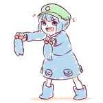  :d blue_eyes blue_hair boots detached_hair eyebrows_visible_through_hair hair_bobbles hair_ornament hat highres holding holding_hair kawashiro_nitori key open_mouth pocket rubber_boots simple_background sketch smile solo standing touhou two_side_up white_background yoruny younger 