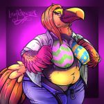  anthro avian beak belly big_breasts bird bodypaint breasts clothed clothing easter easter_egg feathers female flashing holidays jeans lotusaur non-mammal_breasts open_shirt painted_breasts pants slightly_chubby solo toucan 